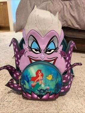 Loungefly Ursula Tentacle Backpack with Ariel Front Pocket - Purple, Cream, Teal